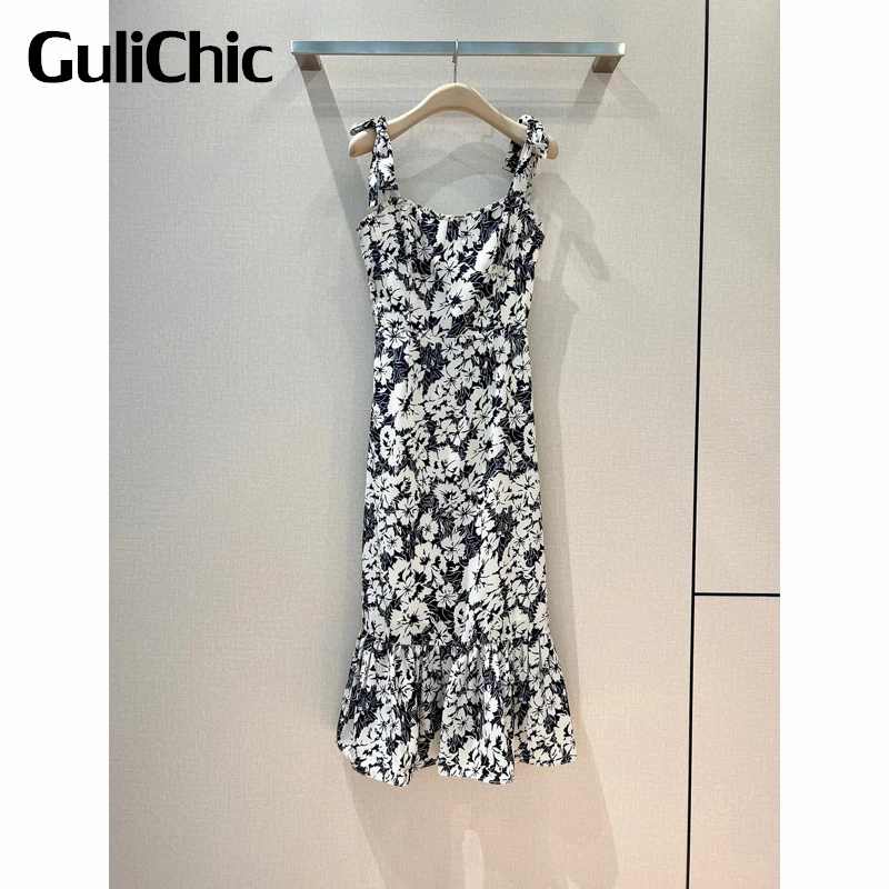 

4.16 GuliChic Women Temperament Bow Suspender Floral Print Collect Waist Trumpet/Mermaid Dress