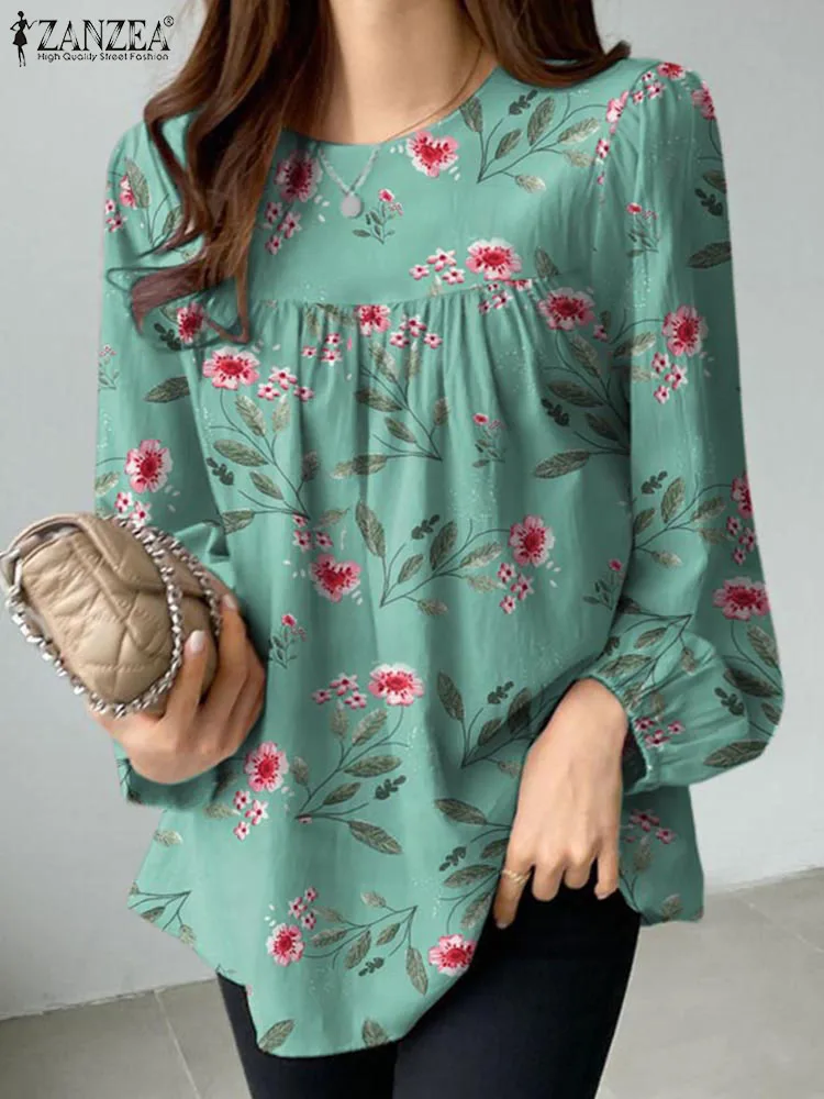 

Модная туника с цветочным принтом ZANZEA, топы, Женская Осенняя блузка с буффами на рукавах и круглым вырезом, праздничная блузка, Женская Повседневная Свободная рубашка