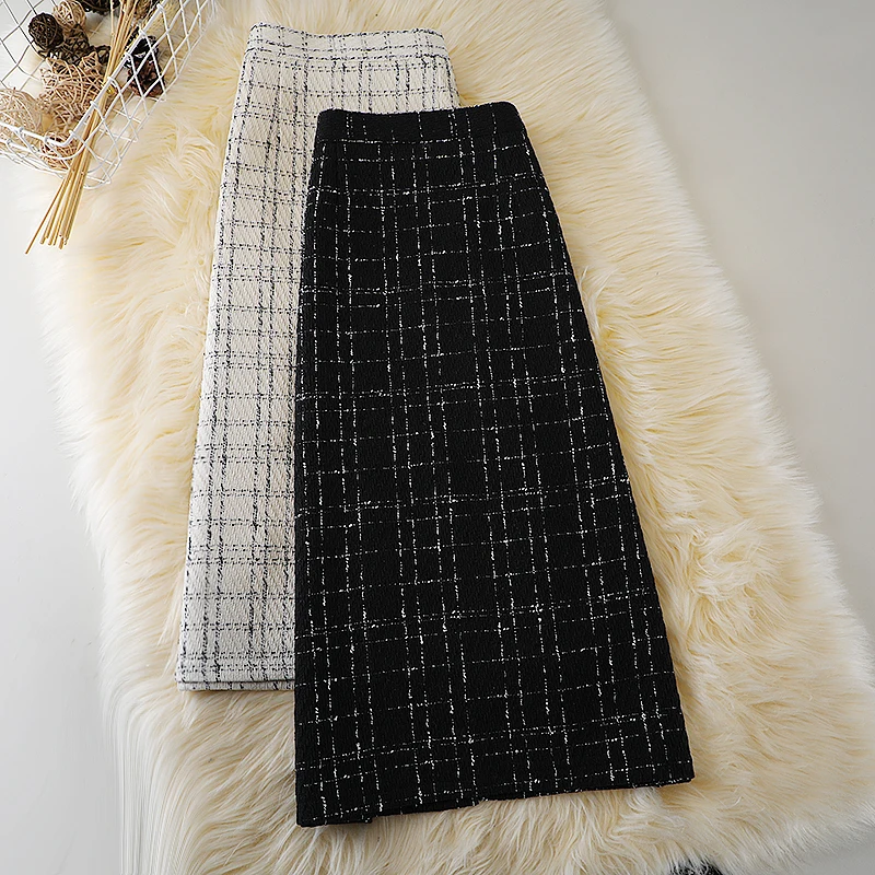 

Small Fragrance Tweed Woolen Skirt Women Autumn Winter Split Package Hip A-line