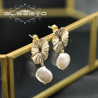glseevo golden metal ruffles sun flower white baroque pearls drop earring retro stylish woman luxury brand accessories ge1178