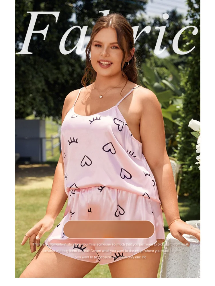Pajamas cartoon love loungewear, casual loose home suspender shorts set plus size feminino 2 pieces set