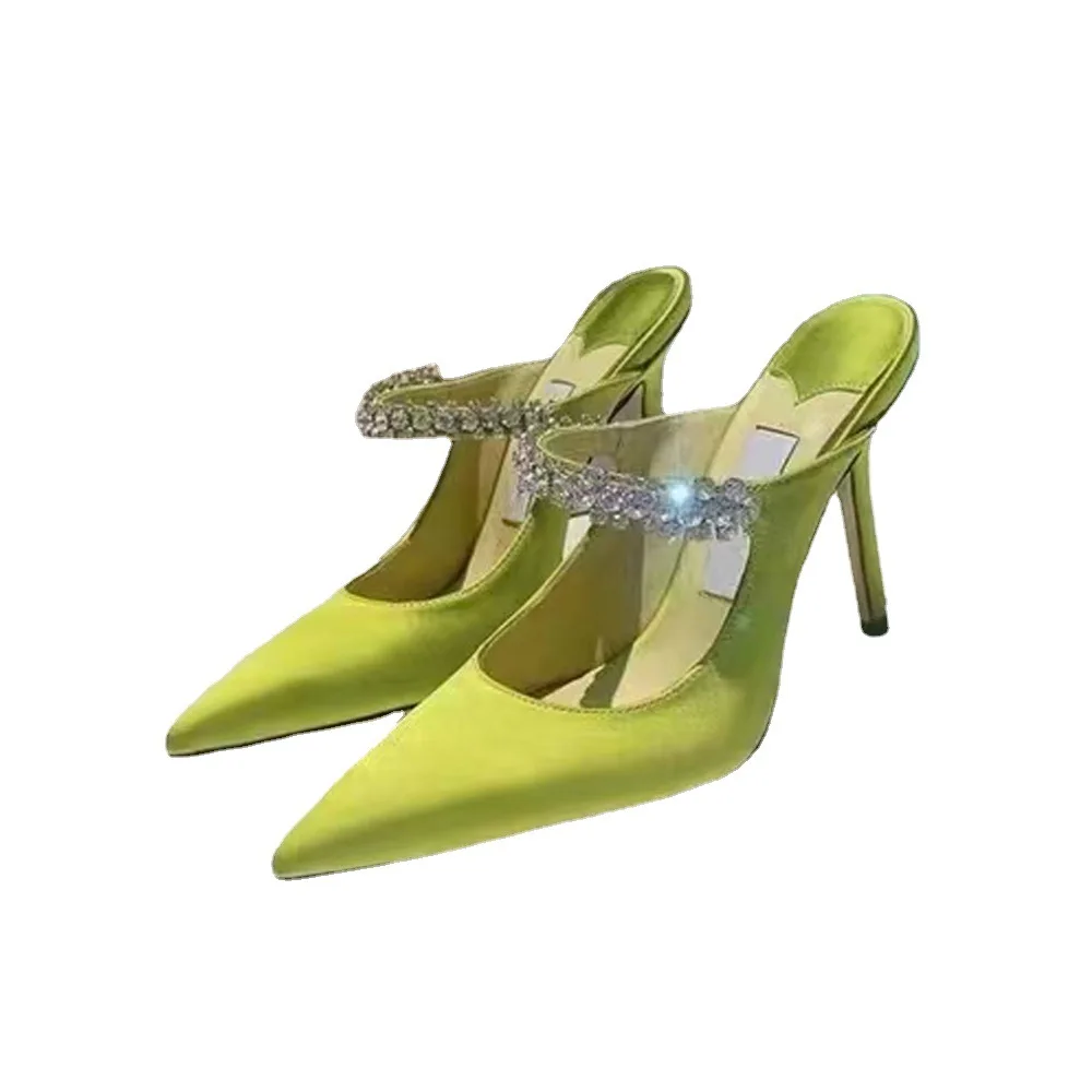 2023 New Pointed Shoes High Heel Rhinestone Baotou Silk Women's Slippers
