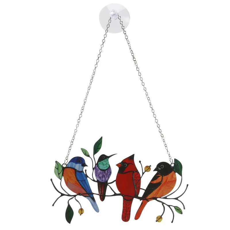

Multiple Birds On A Wire High Stained Glass Window Hanging Ornaments, Bird Series Sculptures Pendant Home Decoration