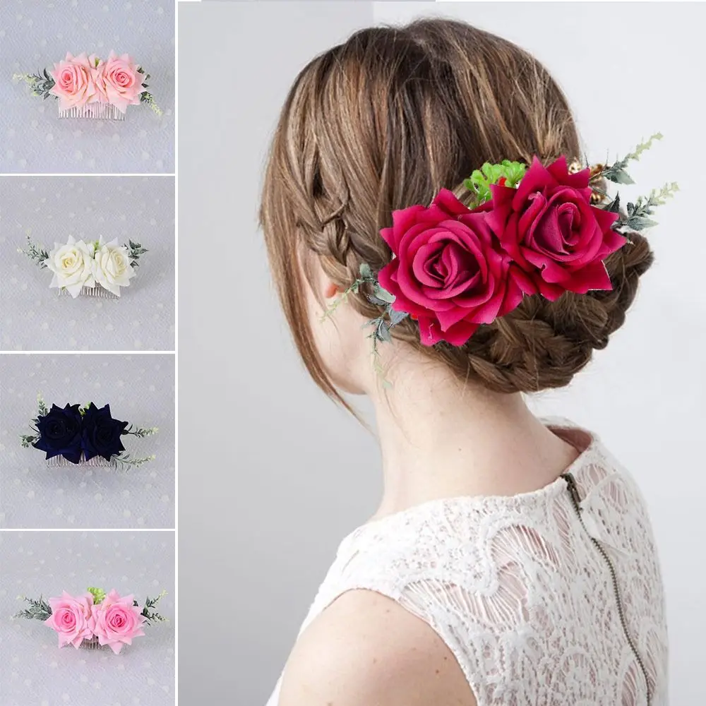 

Romantic Fancy Double Silk Artificial Rose Flower Hair Comb Purple White Hair Clip Wedding Bridal Women Prom Headpiece
