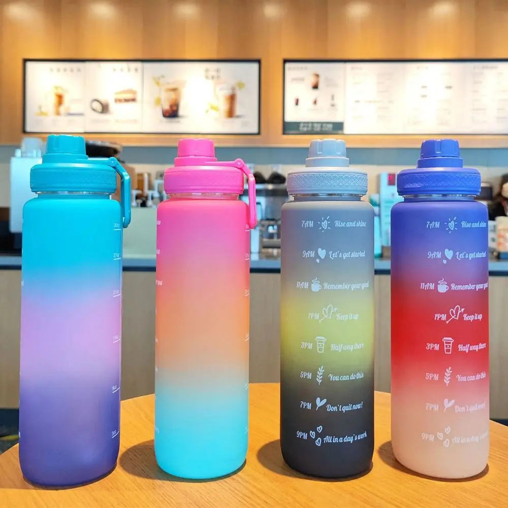 

1000 мл градиентная Матовая бутылка для воды мотивационные прямые питьевые спортивные бутылки для воды с маркером времени портативные пласт...