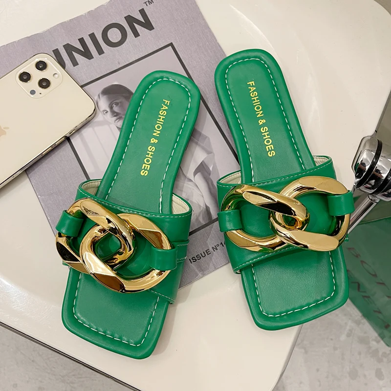 

Flat Heel Female Outdoor Beach Casual Luxury Sexy Plus Size Slides Women Summer Sandals Slippers Metal Decorative Square Head