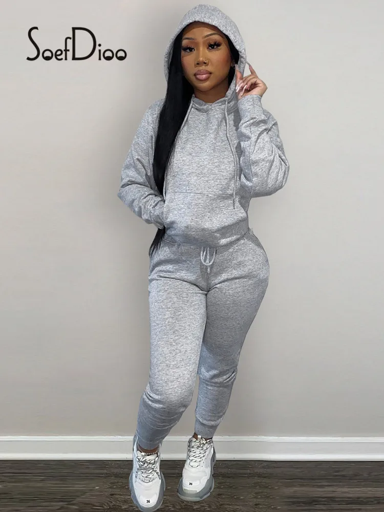 

Повседневная Женская одежда Soefdioo, флисовая толстовка с длинным рукавом и брюки-карандаш, Осень-зима 2023, модный спортивный костюм, комплект из двух предметов