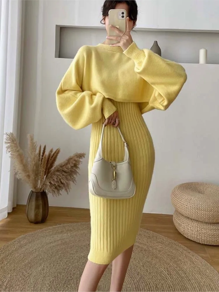 

Korean Fashion Knit Suit Women Autumn Winter Midi Bodycon Dress Long Sleeve Loose Cape Pullover Sweater Two Piece Set