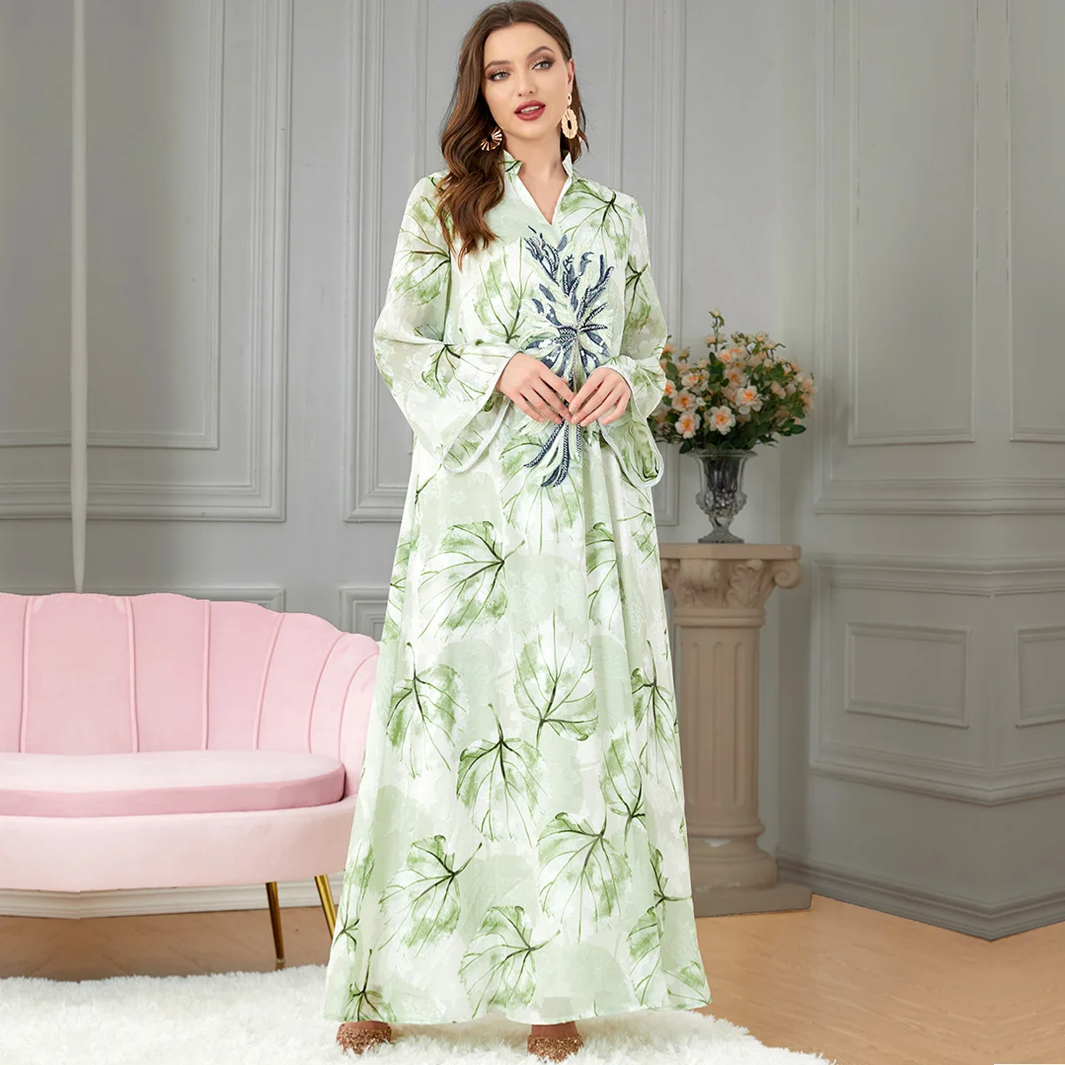 Muslin Dress for Dubai Abaya Kaftan Arab Middle East Women Robe Green Print Loose Long Dress for Wedding Fashion Female Clothing