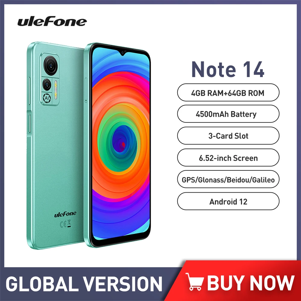 Смартфон Ulefone Note 14, Android 12, 6,52 дюйма, 64 Гб ПЗУ, 13 МП, 4G, 3 слота для карт/разблокировка лица/OTG Global, 4500 мАч