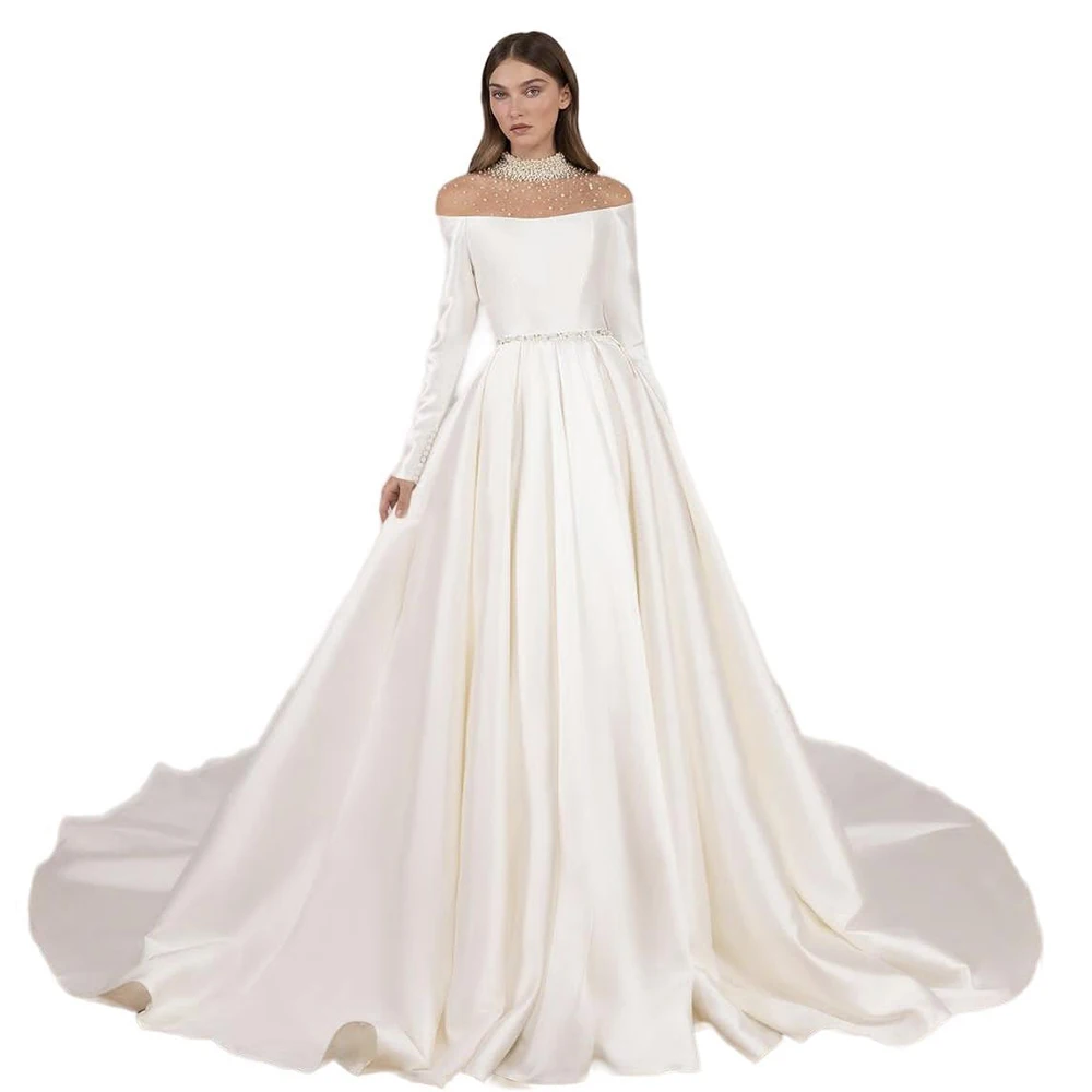 Boat Neck Satin Wedding Dress Long Sleeve ALine Sparkly Belt Zipper Back Button Bridal Gowns For Women Customize To Measures