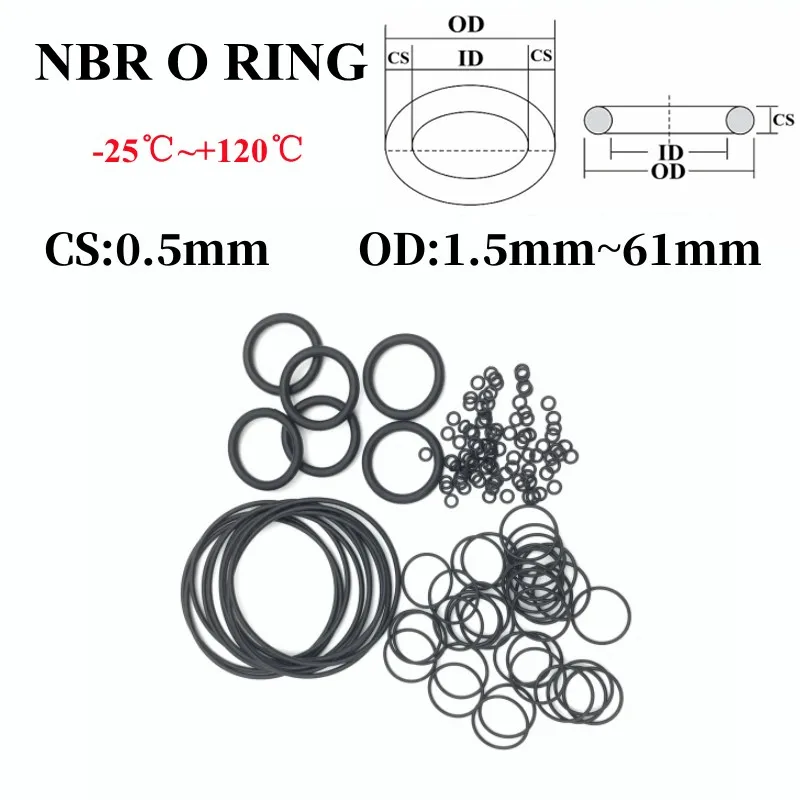 

50pcs Black O Ring Gaskets CS 0.5mm OD 1.7 ~ 61mm NBR Automobile Nitrile Rubber Round O Type Corrosion Oil Resistant Seal Washer