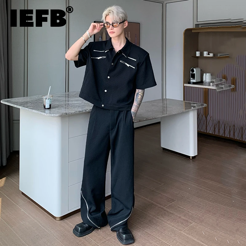 

IEFB Summer Men's Sets Fashion Zipper Shoulder Pad Jacket Coat Wide Leg Casual Pants Male Loose Simple Highend Two Piece 9C574