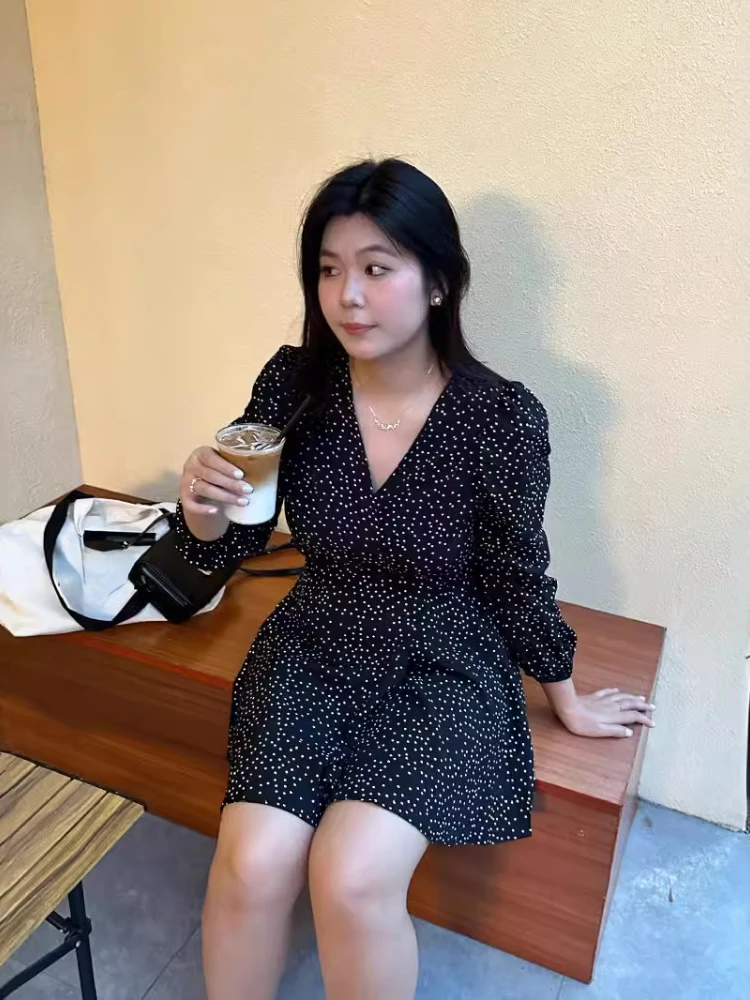 Женское мини-платье в горошек облегающее платье Корейском стиле с пышными