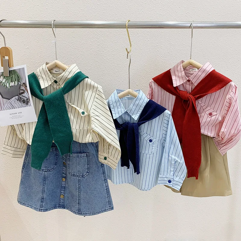 

Girls' Top Children's Spring New Korean Shawl Stripe Shirts 2 Pieces