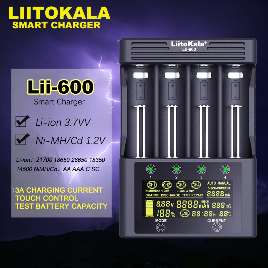 

Liitokala Lii-S8 Lii-600 Lii-500 Lii-PD4 Lii-S6 ЖК-дисплей 3,7 В 18650 18350 18500 21700 14500 26650 Зарядное устройство для NiMH-батарей типа AA