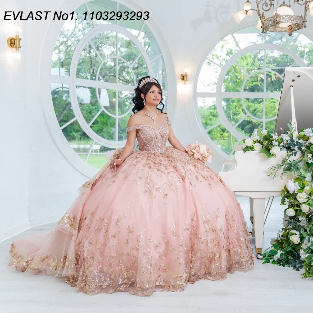 EVLAST индивидуальное мексиканское розовое платье Quinceanera бальное с золотой