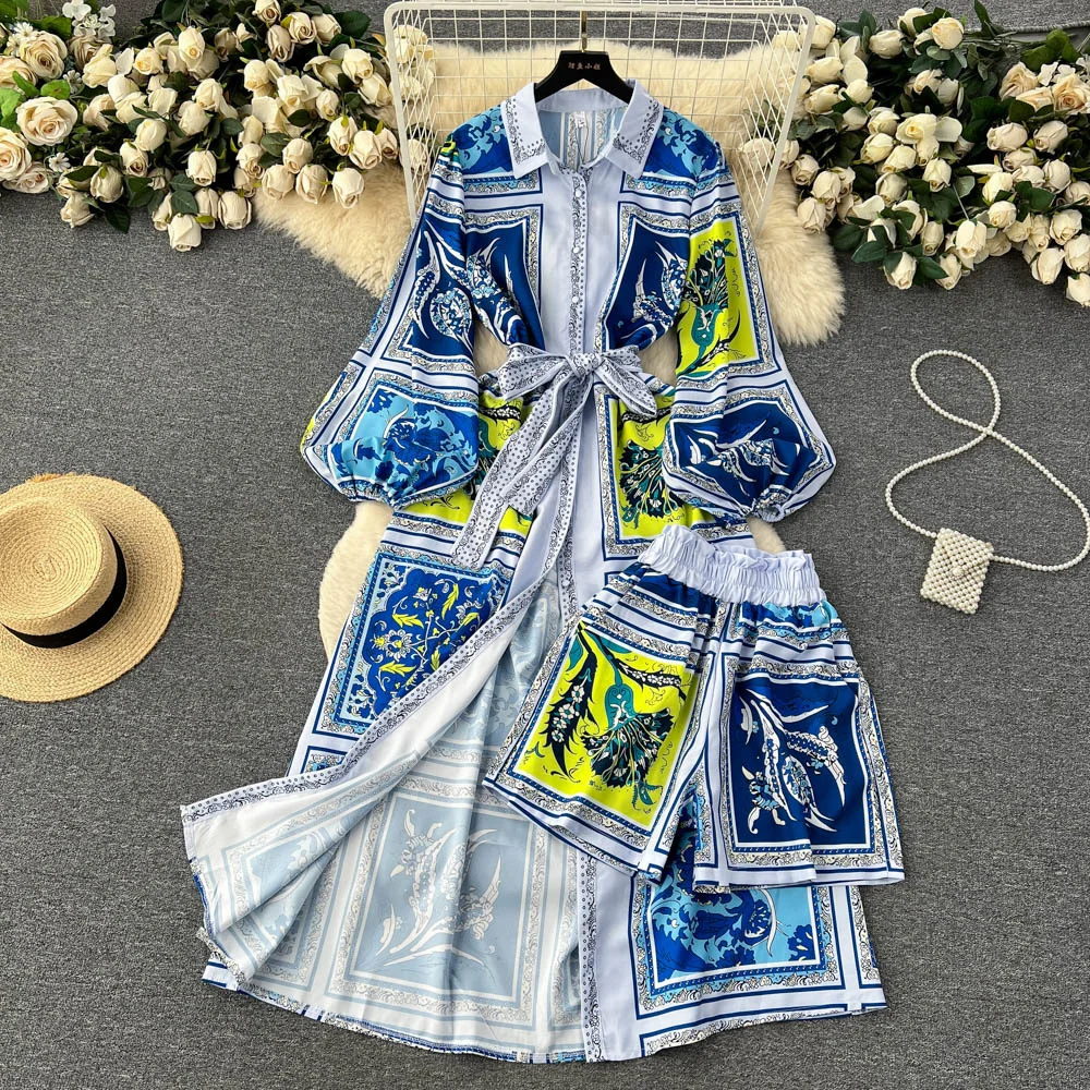 Casual Fashion Dress Set Women's Polo Neck Long Sleeve Loose Print Dress+High Waist Wide Leg Shorts Two Piece Set Summer Autumn