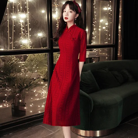 Женское кружевное платье-Ципао, красное вечернее платье в винтажном китайском стиле, лето