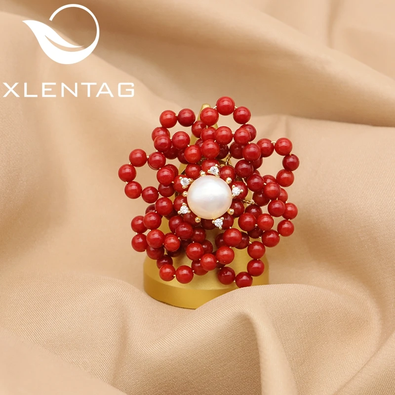 

Xlentag Double Red Coral Ring Zircon Natural Freshwater Pearls Designed For Women Ring Trend Fashion Luxury Banquet Prom Gifts
