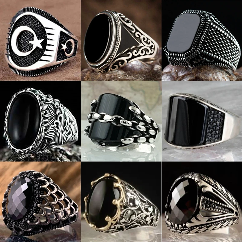 

New Copper Material Inlaid Black Gemstone Men's Ring European and American Embossed Fashion Banquet Senior Diamond Jewelry