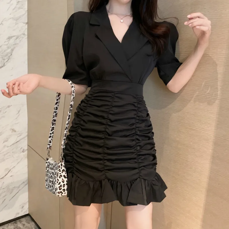 

Solid Elegant Fashion Turn Down Collar Dress Women Ruff Sleeve Pleated Ruffles Mini Hip Dresses Summr 2021 Empire Black Clothes