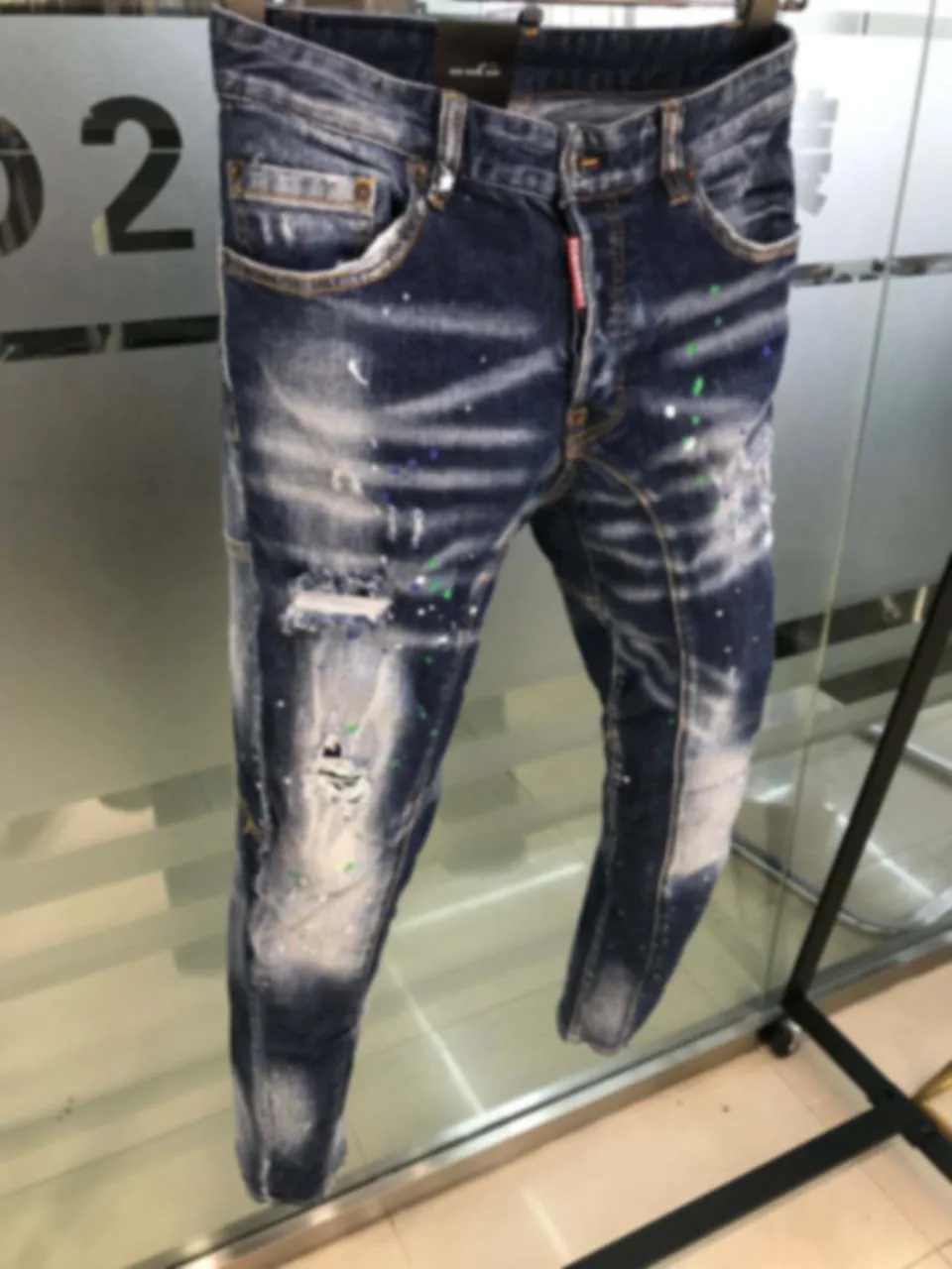 2023 Spring/Summer New D2 Jeans Men's Fashion Men's Water Wash Worn Hole Patch Paint Slim Fit Small Feet Blue