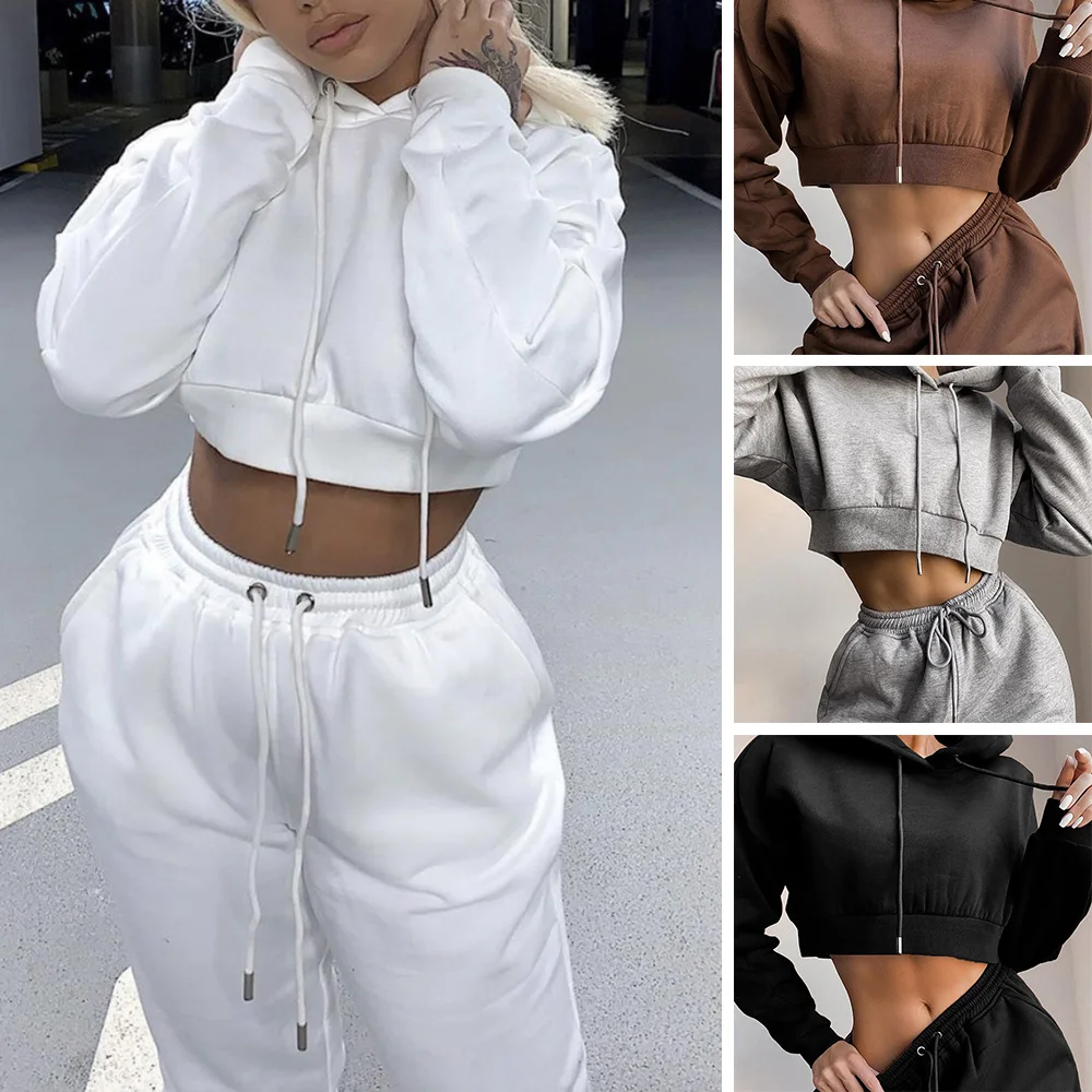 

Women's 2-Piece Sports Outfit Open Navel Hoodie Tops & Joggers Pants Solid Color Girl's Sweatshirt Set Drawstring Hood FS99