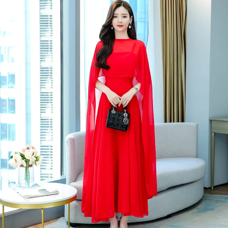 Muslim dress for women 2023 White Chffon Casual Dress Red Cloak+Sexy Sling Dress Two Pice Sets Summer Elegant Solid Party Dress