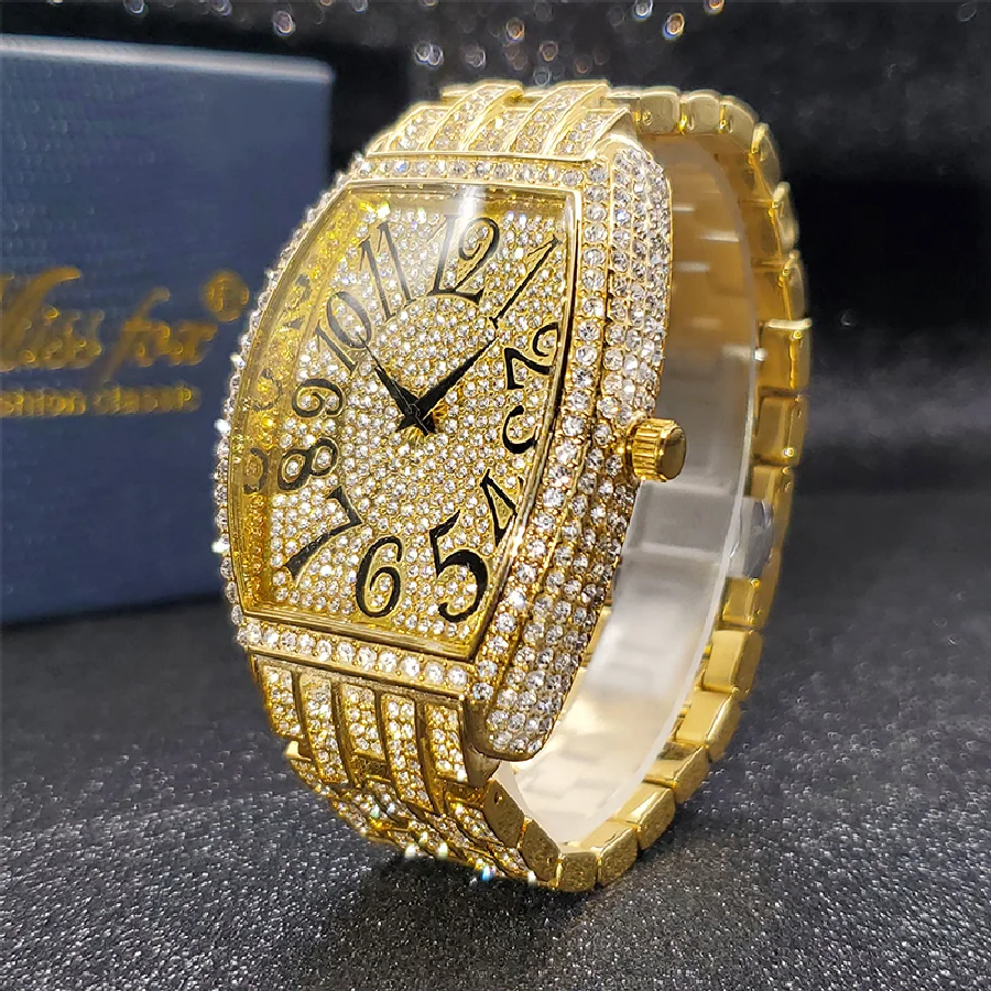 

MISSFOX Gold Watch For Men Hip Hop Bling Bling Tonneau Quartz Watches For Large Man Waterproof Millerable Hand Clock New Arrive