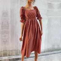 summer square neck ruffle short sleeve midi dress polka dot print bohemia dresses for women high waist slim pleated beach dress