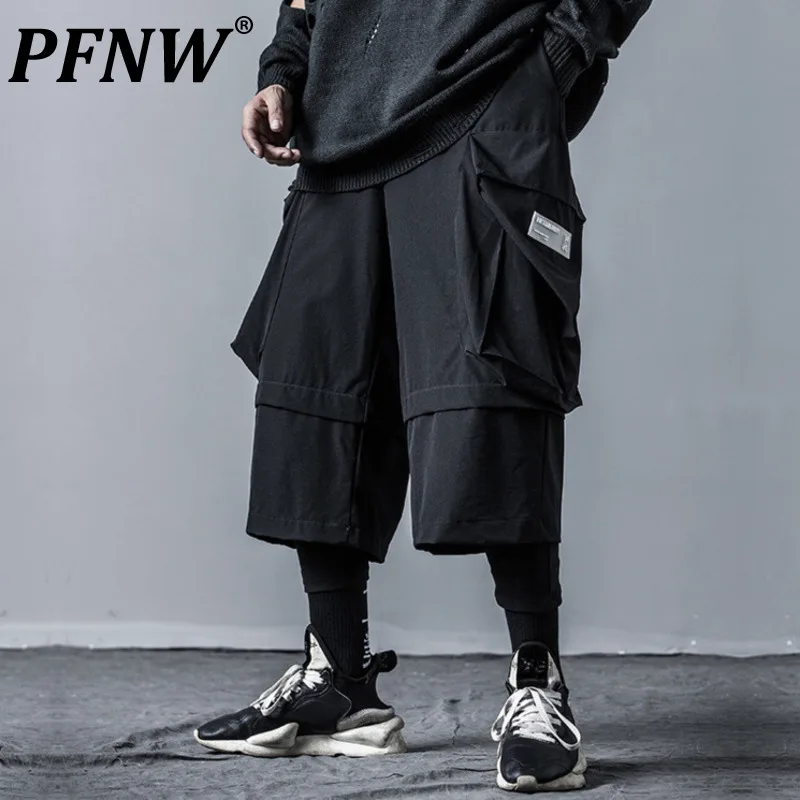 

PFNW Techwear Splic Shorts Men Dark Style High Street Streetwear Elastic Waist Slim Pants Autumn New Black Culottes Male 12A4536