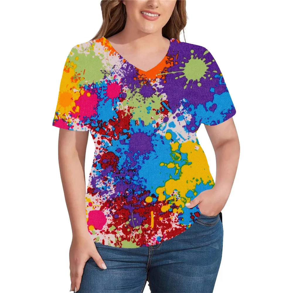 

Summer Tie Dye Splash Ink 3D Print T-shirts Women Streetwear V-Neck New T Shirt Y2k Harajuku Oversized Tops Tees Girls Clothing