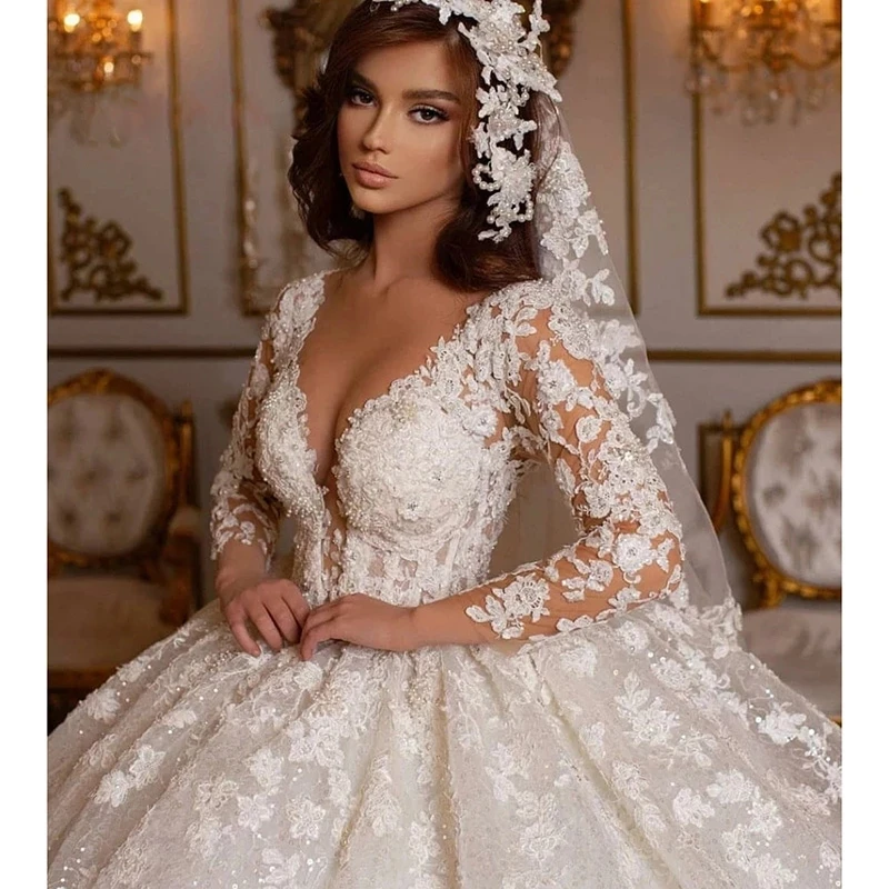 Retro 2022 Lace Wedding Dresses Princess Ball Gown Beading Bridal Gowns Shinny Long Sleeves Ivory Dubai Marriage Dress