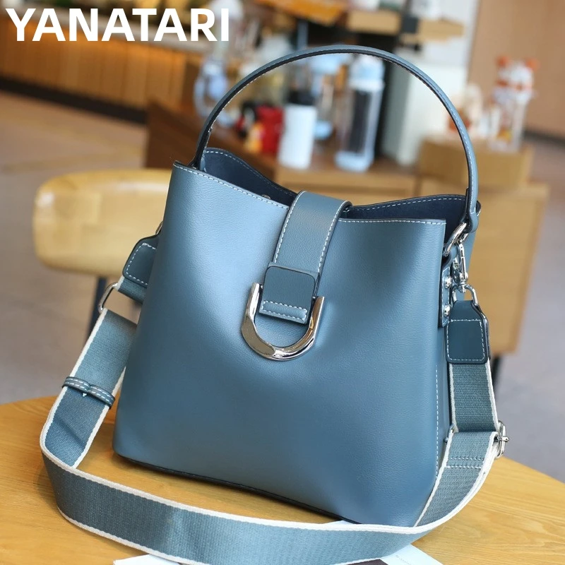 

YANATARI New Fashion Women's Handbag Vintage Bucket Bag derma Shoulder Bag blue Fashion Versatile Cowhide Crossbody Bag