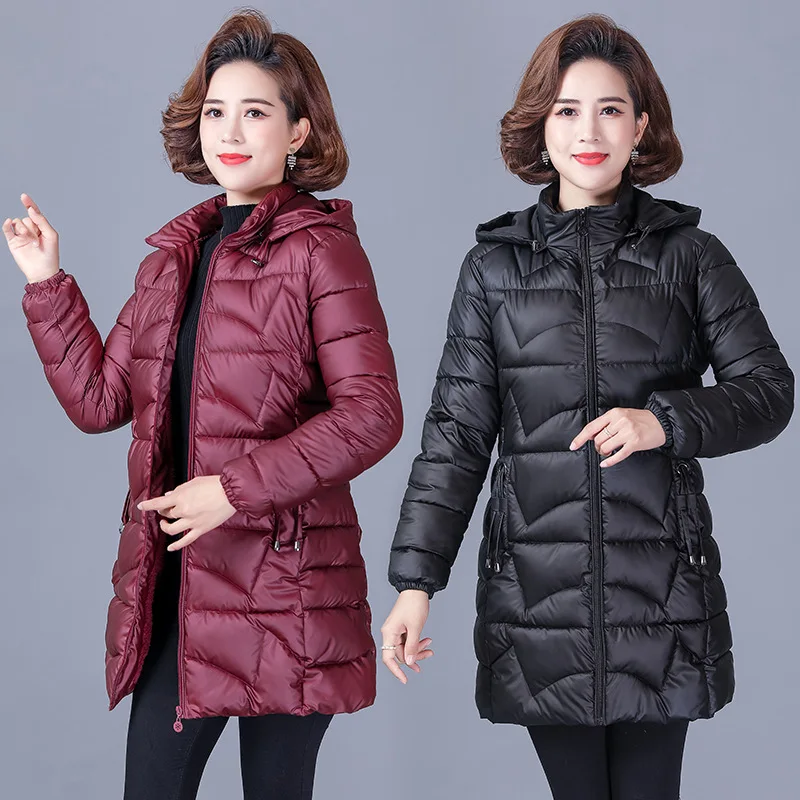 Enlarge New Thick Warm Winter Down Cotton Jacket For Women Korean Slim Medium Long Hooded Parkas Middle Aged Mother Padded Coat XL-6XL