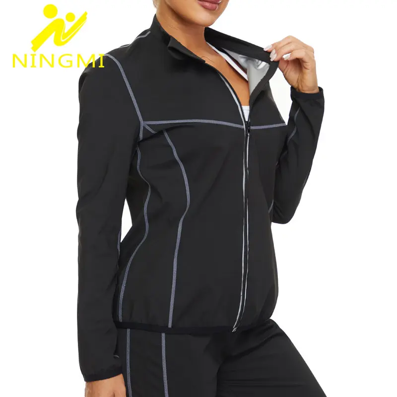 

NINGMI Women Sauna Jacket Long Sleeve Sweat Top Waist Trimmer Weight Loss Suit Zipper Workout Slim Sport Body Shaper Fat Burner