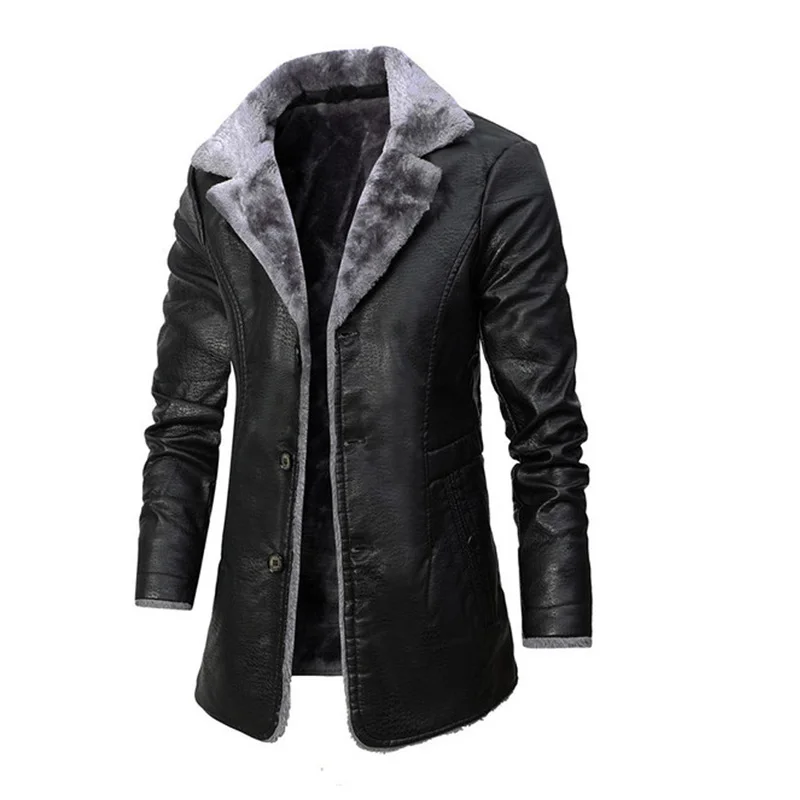 Men Winter New Casual Long Thick Fleece Leather Jacket Parkas Men Outfit Warm Vintage Pocket Faux Leather Jacket Coat Men