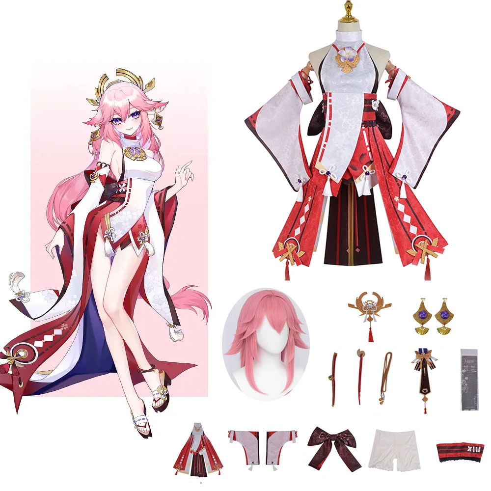 

Оптовая продажа, парик Guuji Yae, головной убор, хвост, игровой костюм Genshin Impact Yae Miko, костюм для косплея, модный костюм Guuji, полный комплект