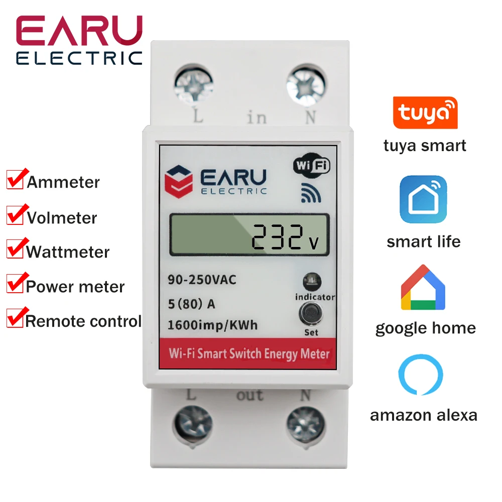 WiFi Smart Power Energy Meter Consumption kWh Voltmeter 90-250V Din Rail Remote Control Switch Smart Life Tuya Alexa Google Home