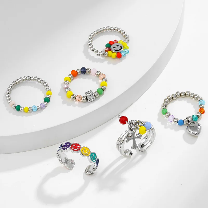 

INS Korea Charm Beaded Metal Drip Oil Smiley Face Open Adjustable Handmade Hit Ring For Women Party Chic Jewelry Gifts Tail Ring