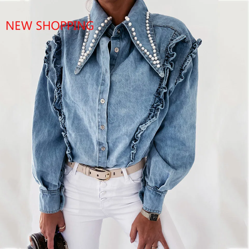 2022 Autumn New Pearl Beading Crop Denim Jackets Women Casual Jeans Bomber Jacket Long Sleeve Denim Shirts Ruffle Korean Fashion