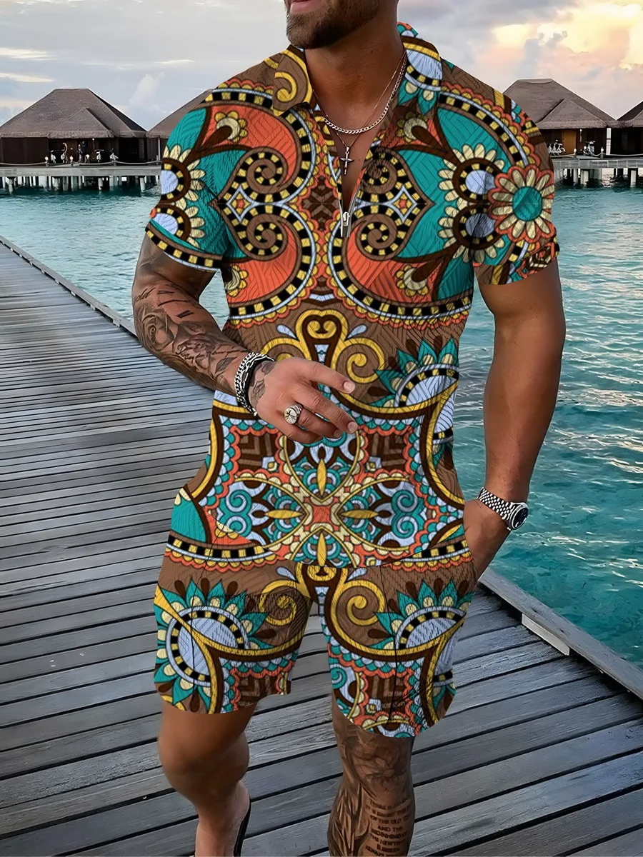 Men's Polo Shirt Set Summer Fashion Trend Style Pullover Shorts Suit 2 Piece Square Neck Zipper Casual Jogging Set For Men