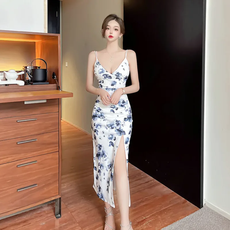 

#3355 Tie Dye Flower Printed Spaghetti Strap Dress Women Deep V-neck Sexy Midi Asymmetrical Retro Bodycon Dress Ladies Backless