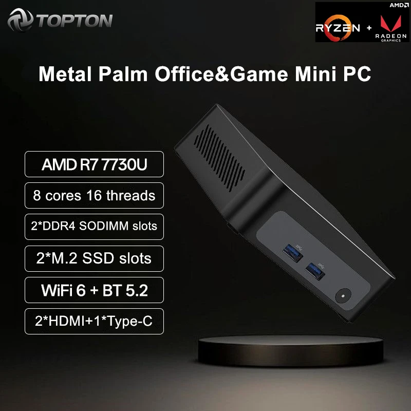 Фото Мини-ПК Topton Metal Palm для игр и офиса, AMD Ryzen 7 7730U 5825U 5800U R5 7530U, NVMe, DDR4, Windows 11, WiFi6, BT5.2 №2