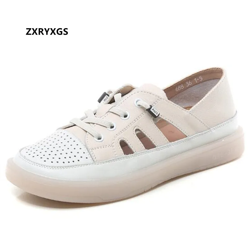 

2022 Summer Round Toe Full Genuine Leather Sandals Breathable Hollow Leather Sneakers Sandals Fashion Casual Sandals for Women