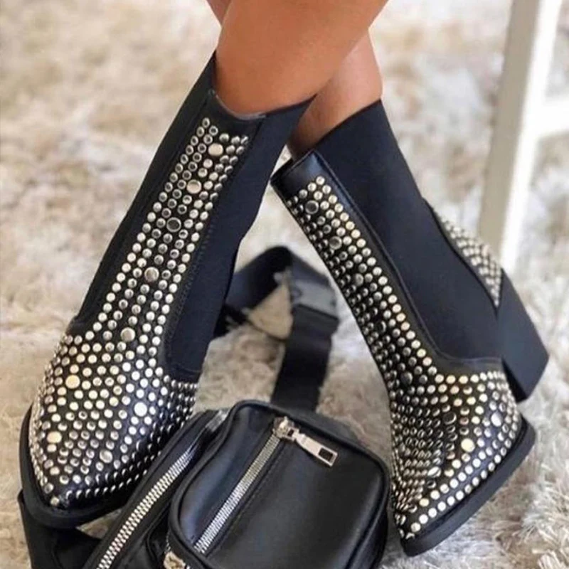 

Punk Rivet Ankle Western Boots 2022 Pointed Toe Short Stretch Booties Pumps Fashion Cool Ladies High Heels Biker Shoes Big Size