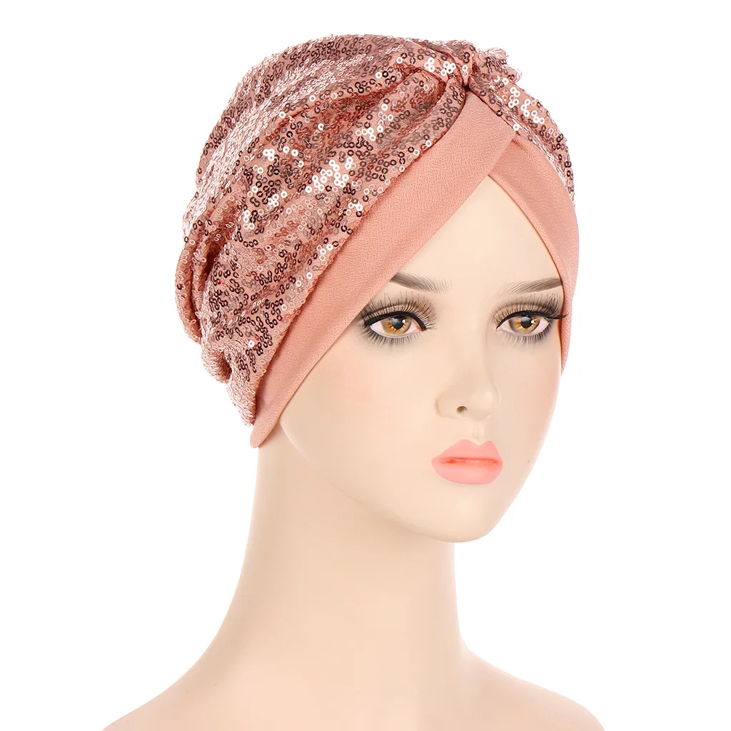 

Muslim Headscarf Bonnet Glitter Sequins Hijab Turban Female Head Wraps India Hat Islam Headwear Accessories Chemo Caps beanies