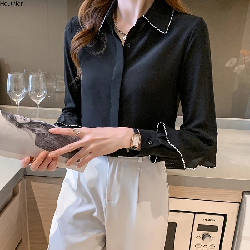 

Summer New Women's Blouses Polo Shirt Long Sleeve Top Solid Color Chiffon Casual Fashion Loose Houthion
