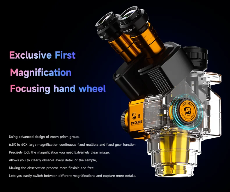 Фото Промышленный тринокулярный стереомикроскоп MECHANIC Robotics Z4 с непрерывным зумом 6.5-60X и камерой 4K/2K HD для ремонта печатных плат и ИС №3